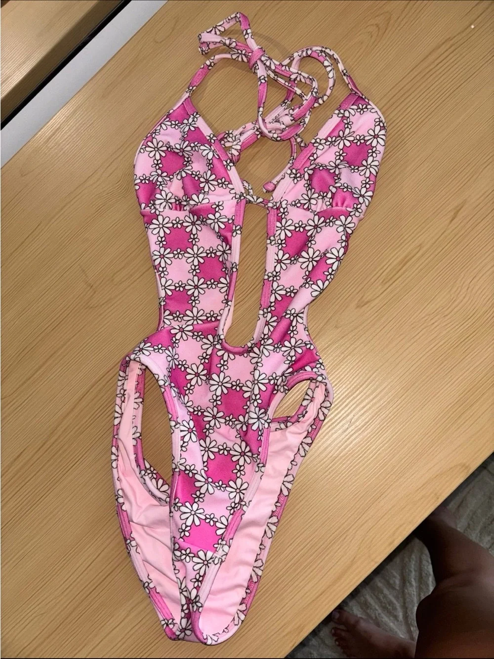Frankie's Bikinis Pink Floral Keyhole One-Piece